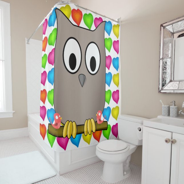 Shower Curtain Owl Coloured Hearts (In Situ)