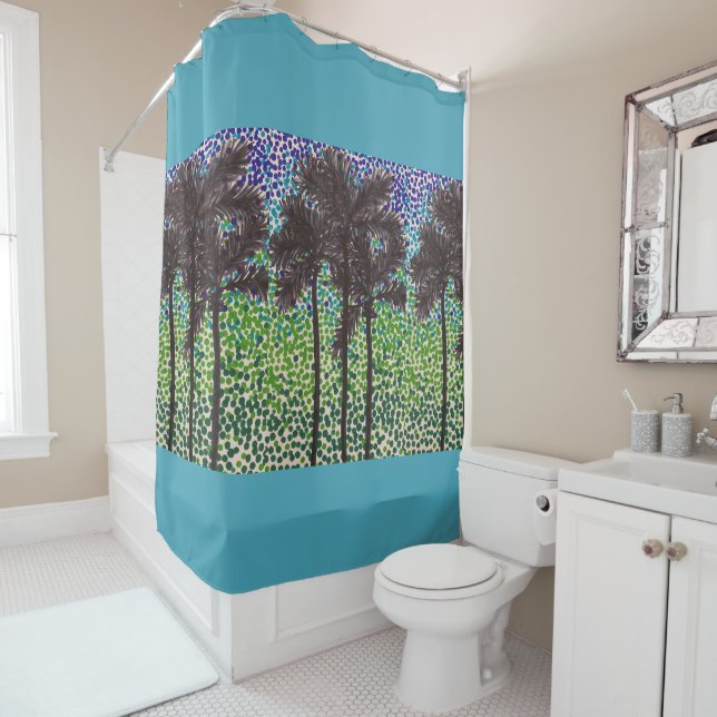 Shower Curtain - Palm Tree Silhouettes in Blue Sky (In Situ)