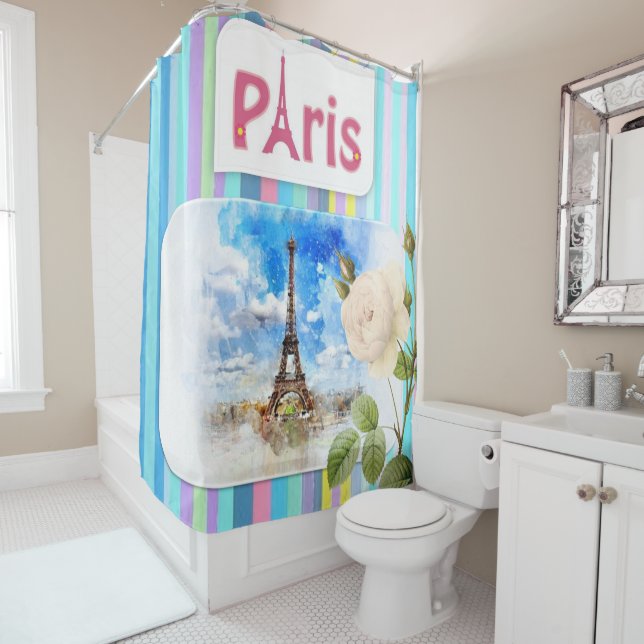 Shower Curtain Paris France Stripe Blue (In Situ)