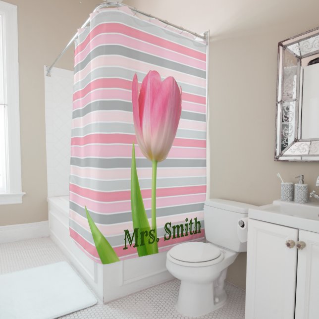 Shower Curtain Pastel Stripe Pink Tulip (In Situ)