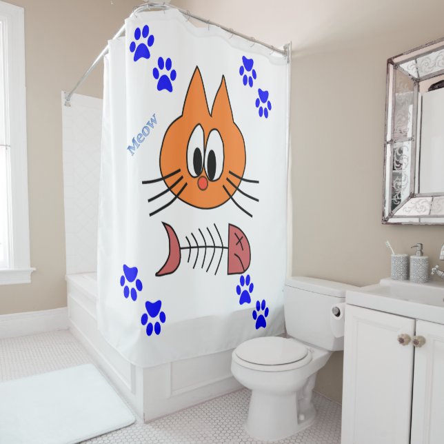 Shower Curtain Paw Prints Cat Fish Bones (In Situ)