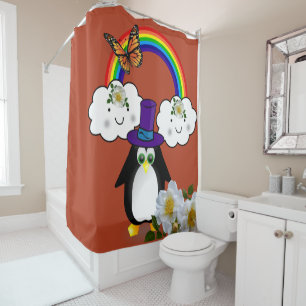 Shower Curtain Penguin Butterfly Floral Rainbow