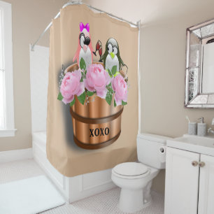 Shower Curtain Penguin in love wine glasses