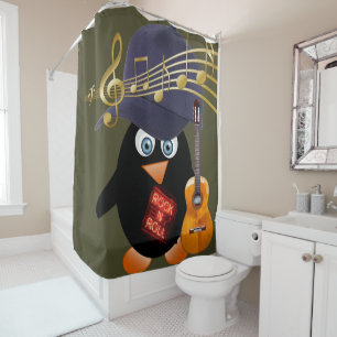 Shower Curtain Penguin Rock n Roll Guitar
