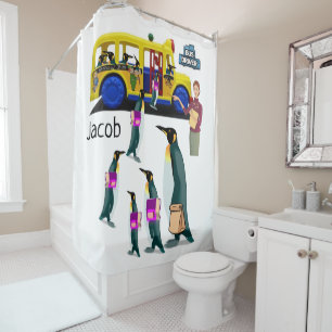 Shower Curtain Penguin School Bus