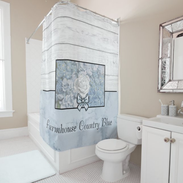 Shower Curtain Personalised Farmhouse Blue Floral (In Situ)