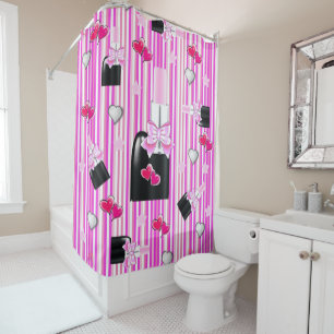 Shower Curtain Pink Lipstick Stripe Hearts