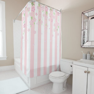 Shower Curtain Pink & White Stripe Floral