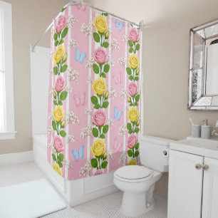 Shower Curtain Pink & Yellow Roses Stripe Floral