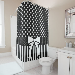 Shower Curtain Polkadot Black White Stripe Bow