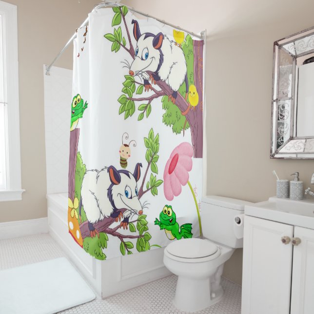 Shower Curtain Possum Frog Chicks Floral  (In Situ)