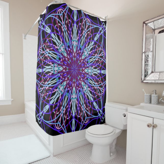 Shower Curtain, Purple Black Kaleidoscope Art Shower Curtain (In Situ)