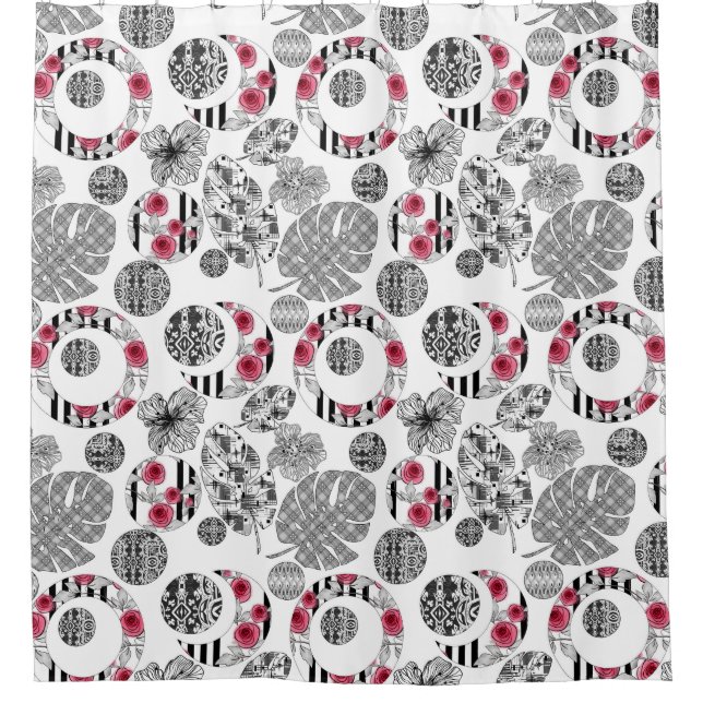 Shower Curtain,Red and Black, Quilting ,Patchwork Curtain (Front)