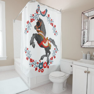 Shower Curtain Red Blue Floral Horse