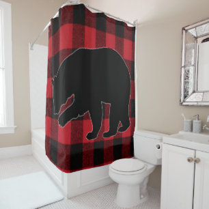 Shower Curtain Red Buffalo Plaid Bear Black