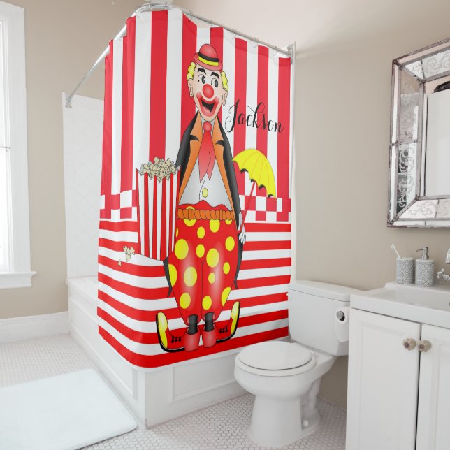 Shower Curtain Red White Popcorn Clown Stripe (In Situ)