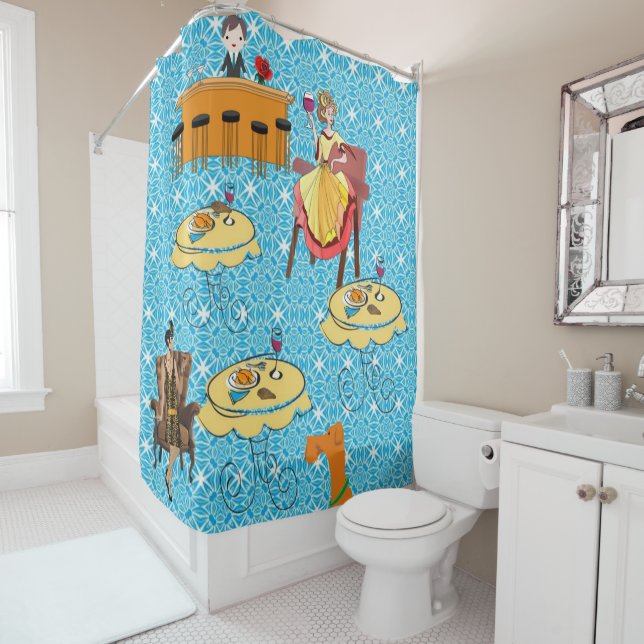 Shower Curtain Retro Woman Dog Dinning (In Situ)