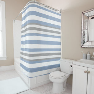 Shower Curtain Stripe Blue & White Grey
