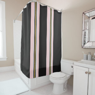 Shower Curtain Stripe Pink & White Gold Black