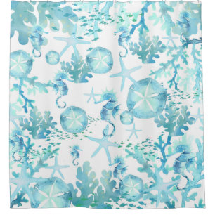 Shower Curtain Teal Blue Seahorse Sanddollar Shell