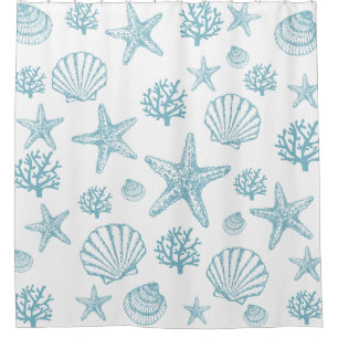 Shower Curtain Teal Seashell Starfish Beachy