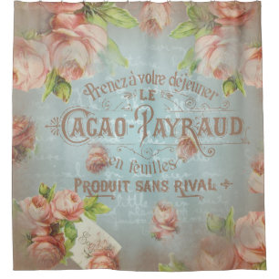 Shower Curtain vintage roses blue typo french