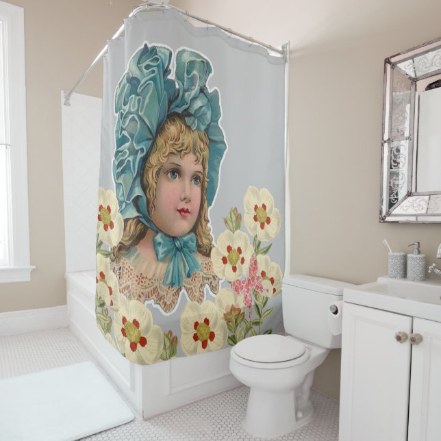 Shower Curtain Vintage Woman Floral Butterfly (In Situ)