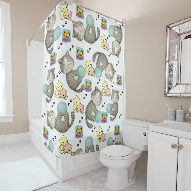 Shower Curtain Whimsical Cat (In Situ)
