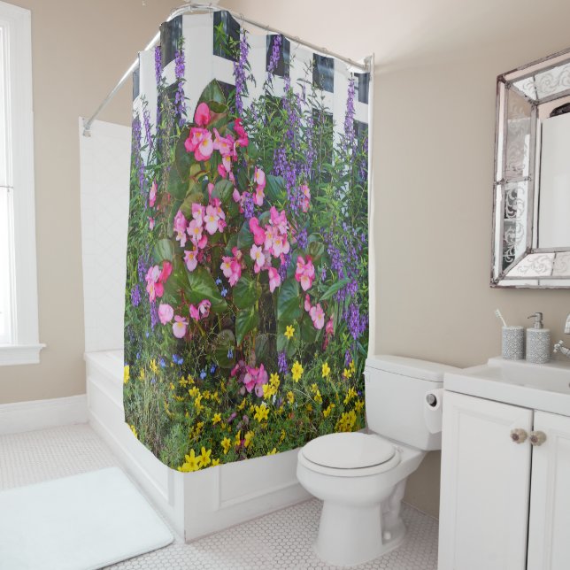 shower curtain"WHITE PICKET FENCE AND FLOWERS" Curtain (In Situ)