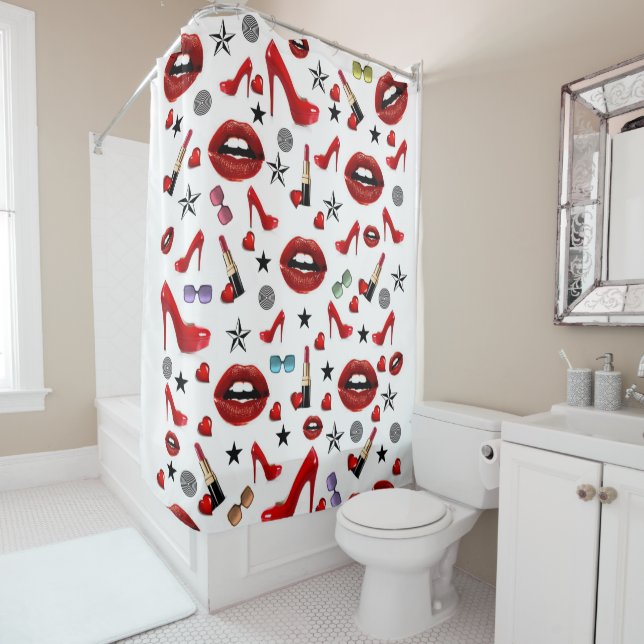 Shower Curtain White Red Lipstick Heels Hearts (In Situ)