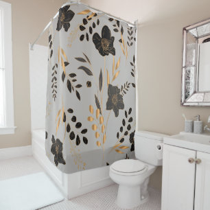 Shower curtain with black and gold floral design