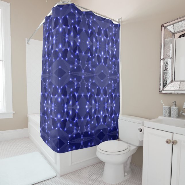 Shower curtain with blue geometric pattern  (In Situ)