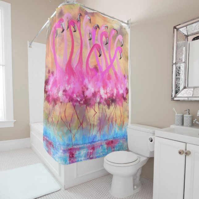 Shower Curtain with Flamingos (In Situ)