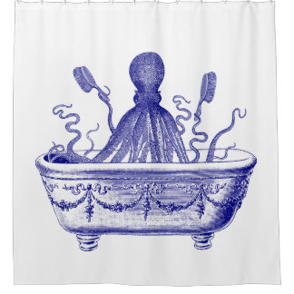 Shower curtain with navy vintage octopus in bath