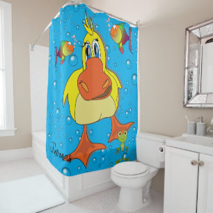 Shower Curtain Yellow Chick Bubbles Fish