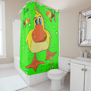 Shower Curtain Yellow Chick Bubbles Fish