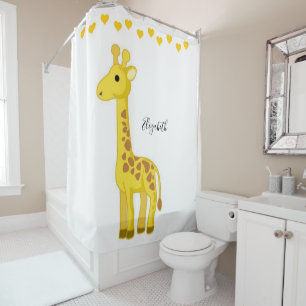 Shower Curtain Yellow Giraffe Hearts