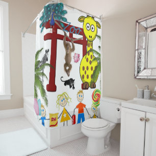 Shower Curtain Zoo Giraffe Peacock Monkey