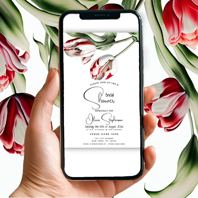 Shower | Floral Red and White Rembrandt Tulips Invitation (Invite the girls to a bridal shower economically  with   a text, using our digital down option. )