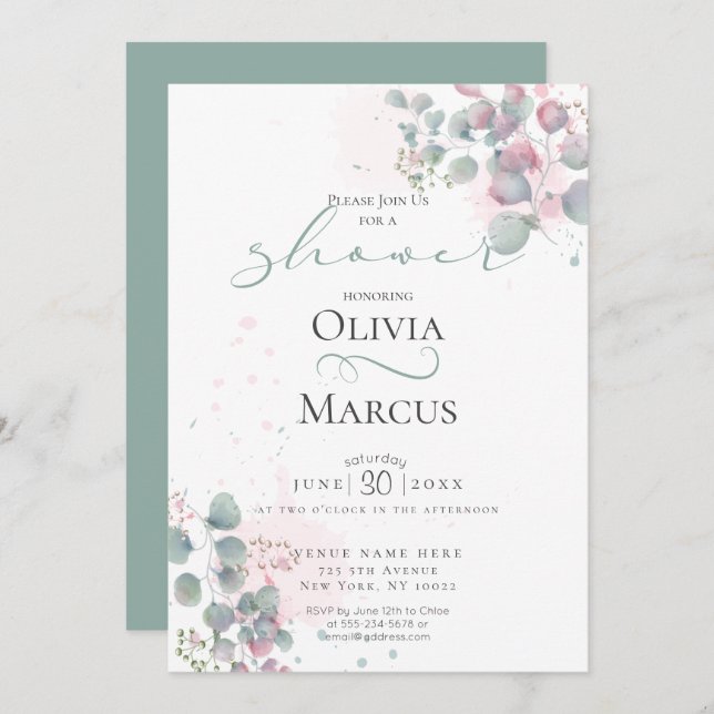 SHOWER | Modern Watercolor Eucalyptus Foliage Invitation (Front/Back)