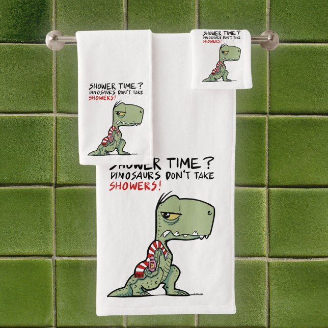 Shower Time? Funny T-Rex Dinosaur Cartoon Bath Towel Set (Shower Time? Funny T-Rex Dinosaur Cartoon Towel Set)
