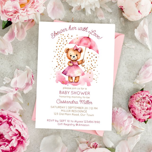Shower with love girl teddy bear baby shower invitation (Shower with love girl teddy bear baby shower template invitation digital download cute teddy umbrell)