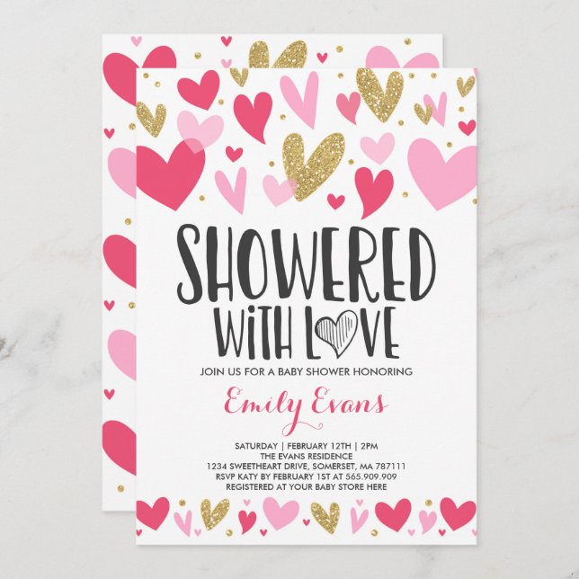 Showered With Love Baby Shower Invitation Hearts (Front/Back)