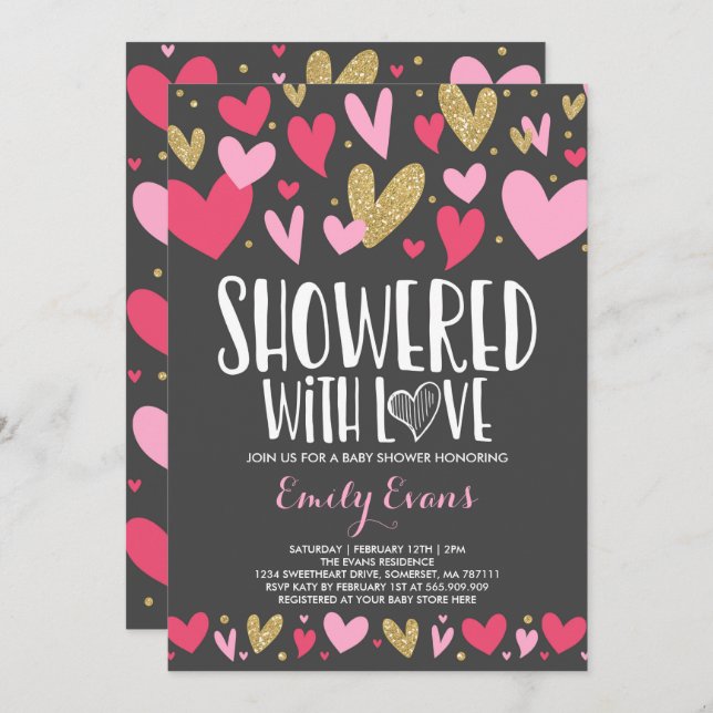 Showered With Love Baby Shower Invitation Hearts (Front/Back)