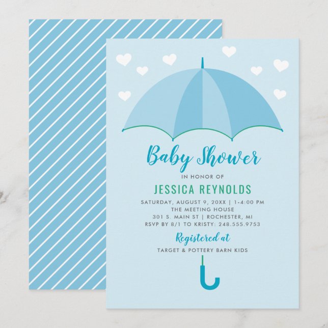 Showered with Love Blue Umbrella Boy Baby Shower Invitation (Front/Back)