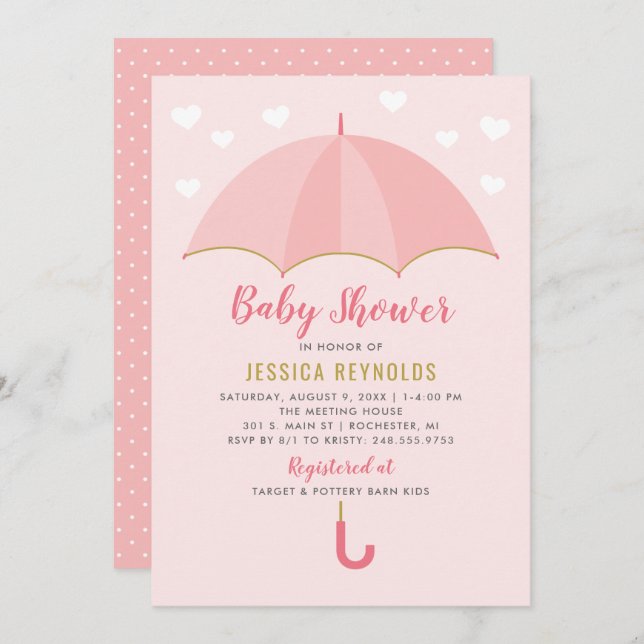 Showered With Love Blush Pink Umbrella Baby Shower Invitation (Front/Back)