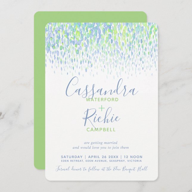 Showering cascade green blue art wedding invitation (Front/Back)