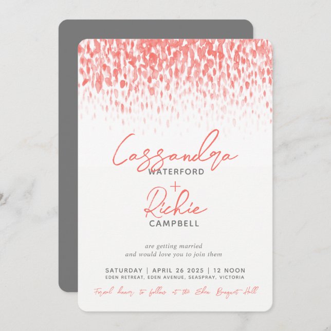 Showering cascade living coral grey art wedding invitation (Front/Back)