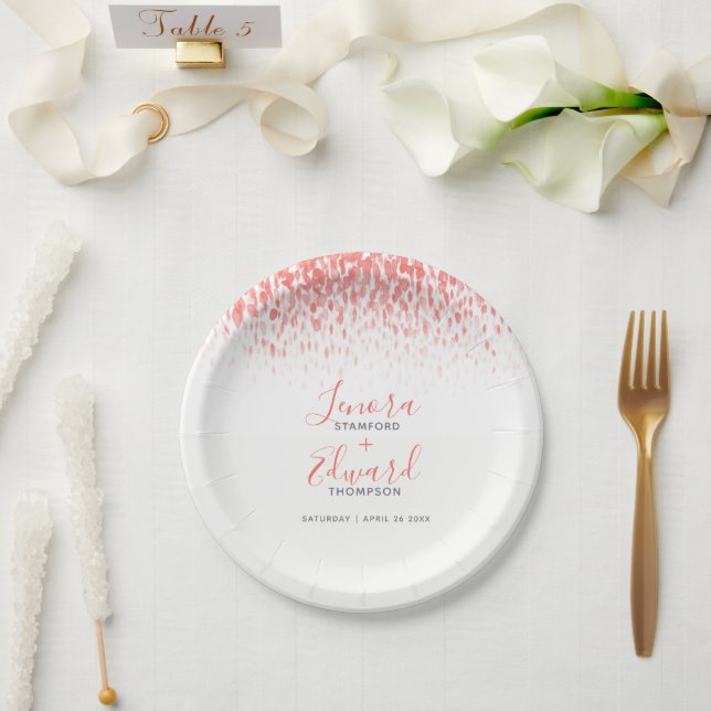 Showering cascade living coral grey art wedding paper plate (Wedding)