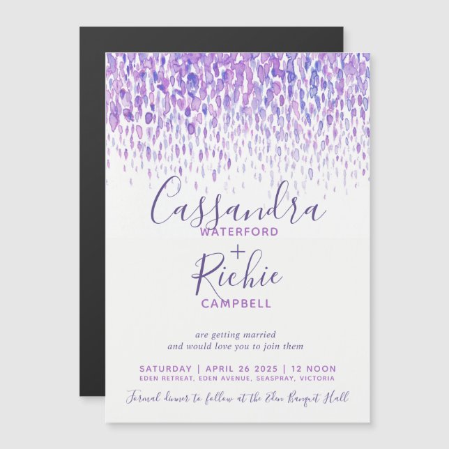 Showering cascade purple mauve art wedding magnetic invitation (Front/Back)